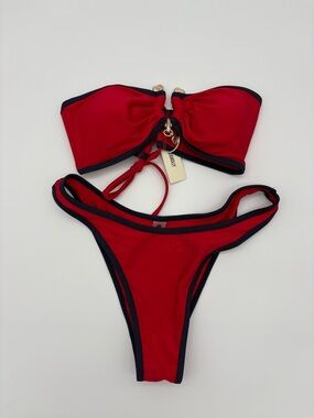 Red Bandeau Bikini Set with Navy Trim NWT
